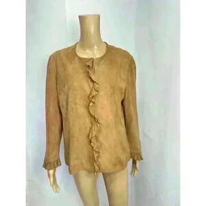 VS2 Womens Sz XL Soft Goat Suede Brown Jacket Front Ruffled Lined Sleeve Buttons